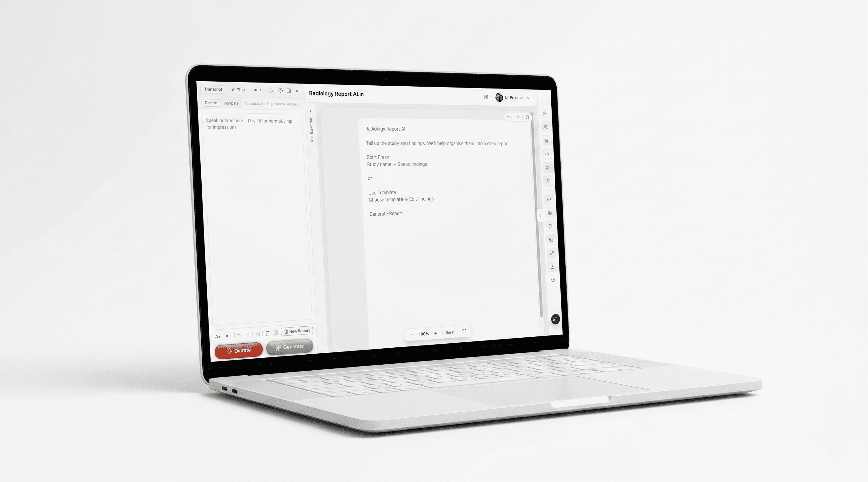 Radiology Report AI in a desktop browser