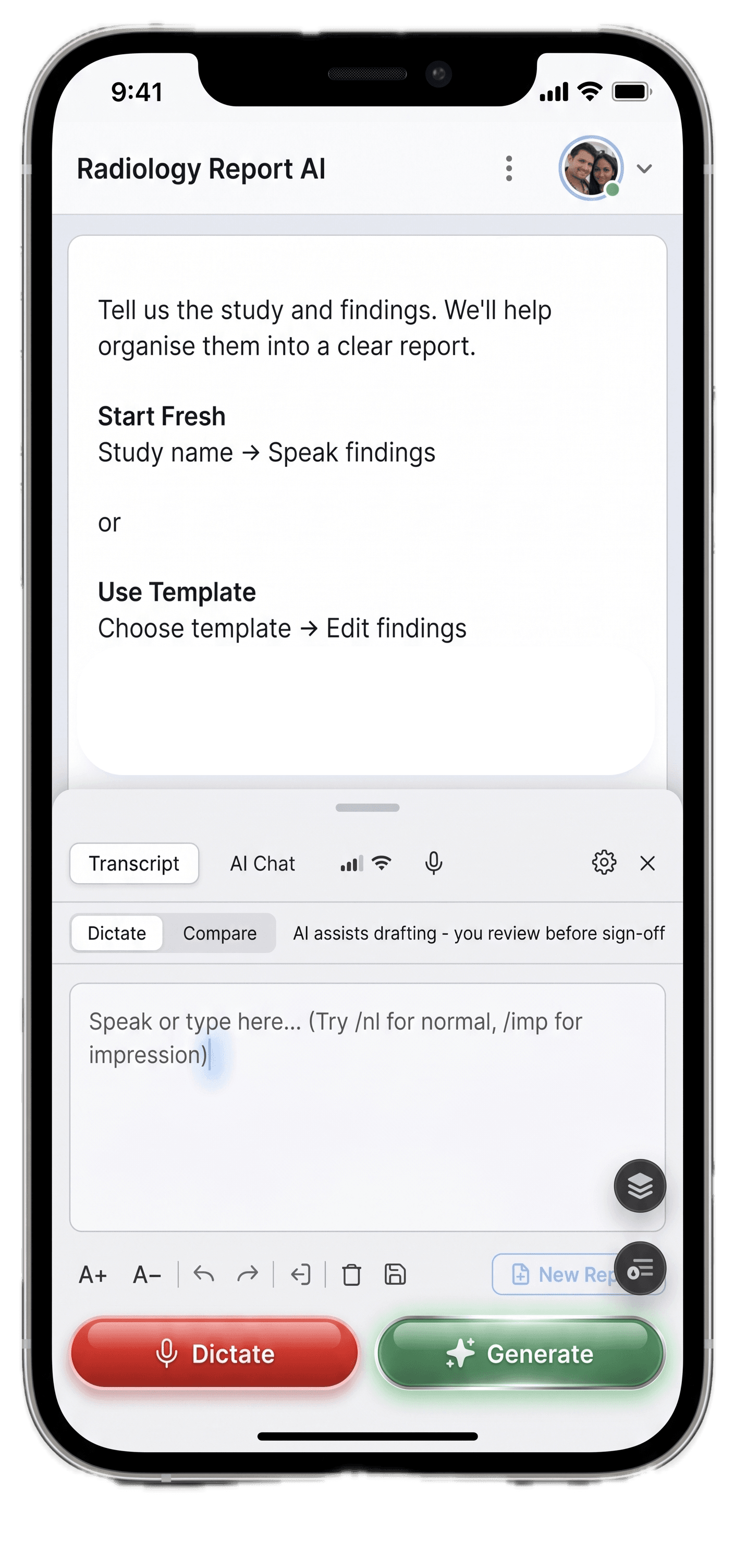 Radiology Report AI app on a mobile phone